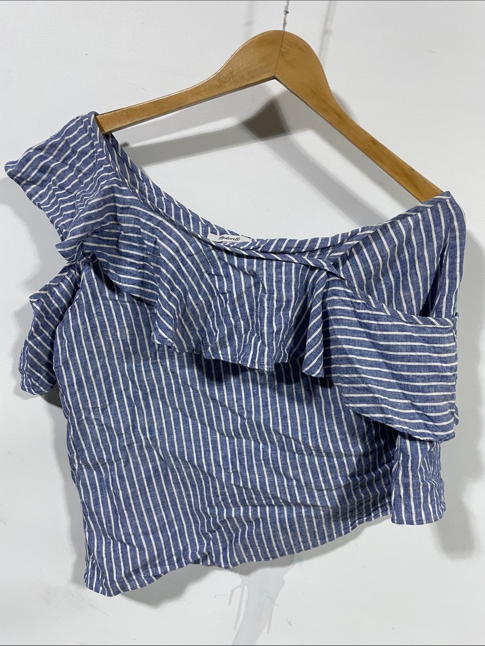 Madewell linen blend Blue and White Striped One-Shoulder Ruffle Crop Top